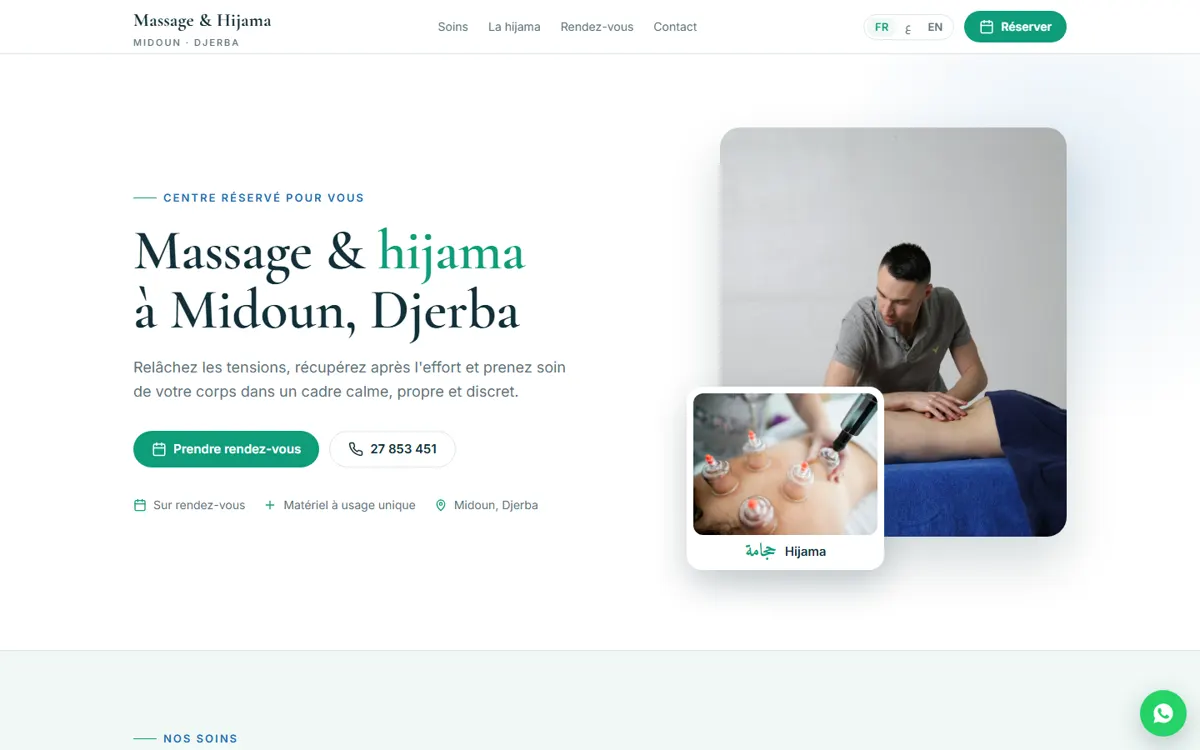 Page d'accueil du centre Massage & Hijama sur ordinateur