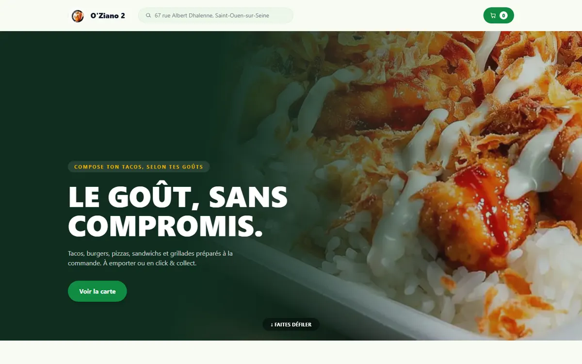 Page d'accueil du restaurant O'Ziano 2 sur ordinateur